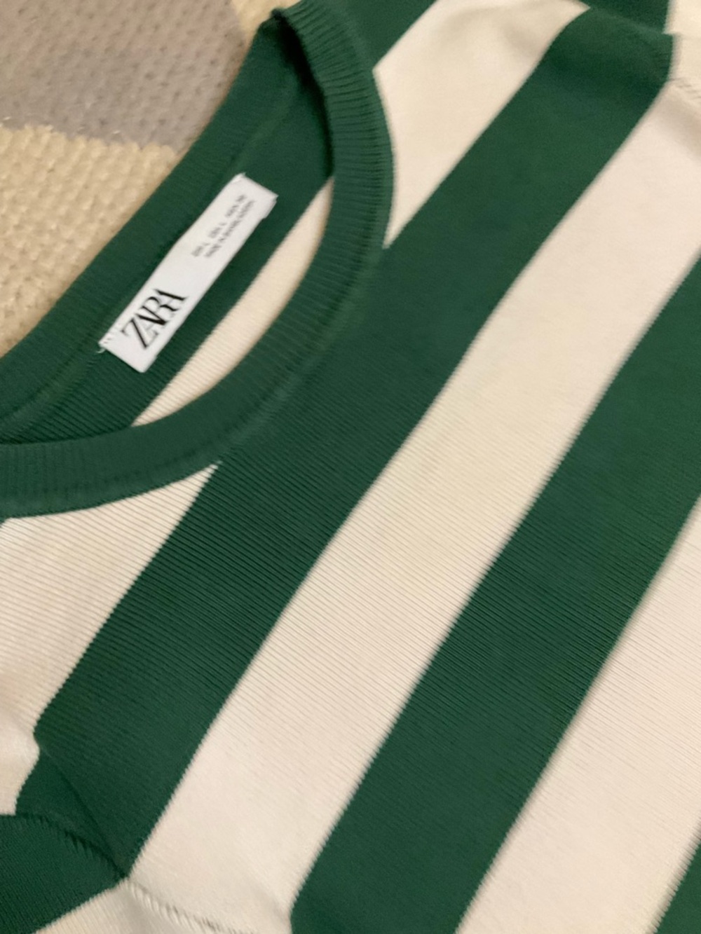 Zara Size Large Dark Green & Cream Striped light Knit Top.